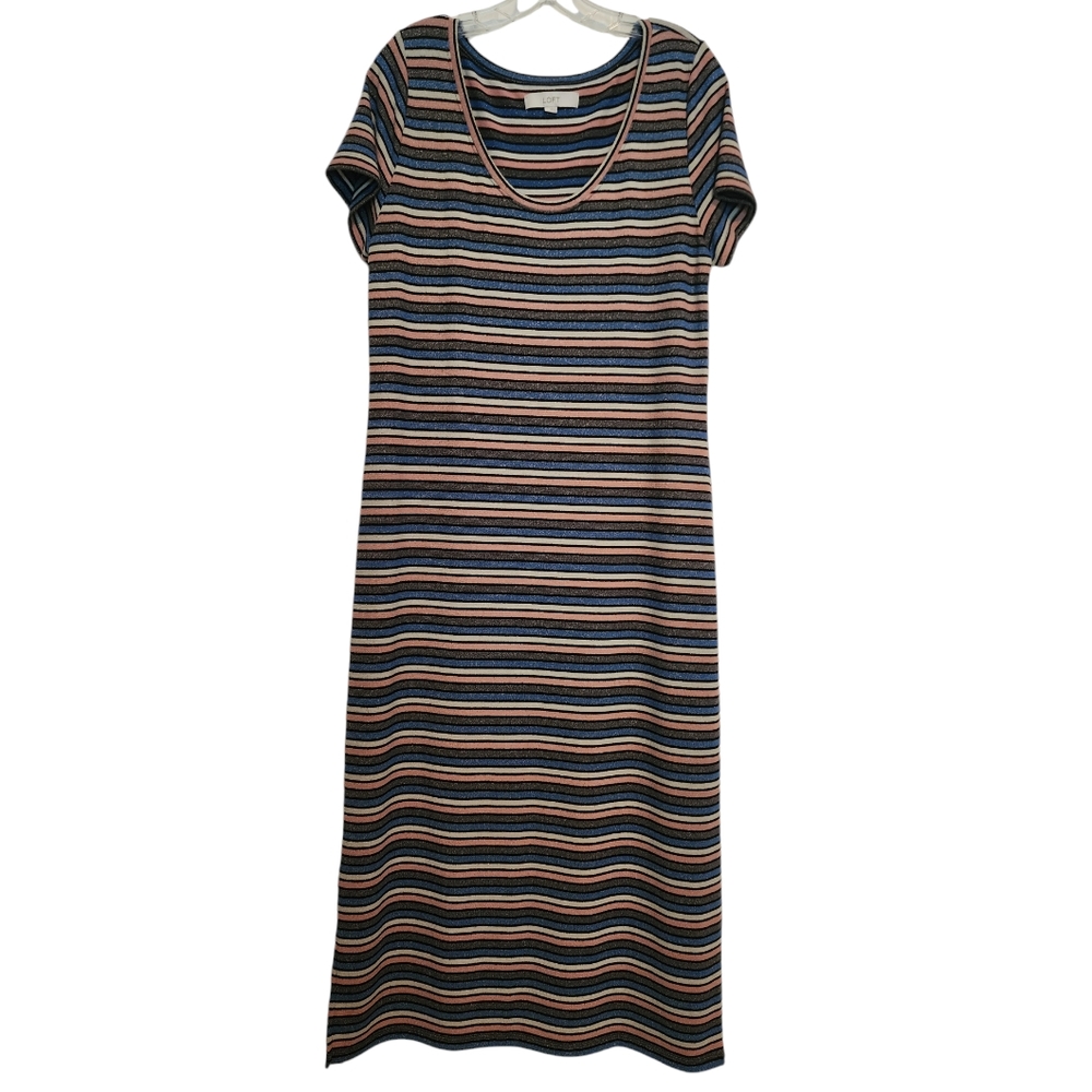 Loft Shimmer Stripe Maxi Tee Shirt Scoop Neck Short Sleeve Dress SZ Large